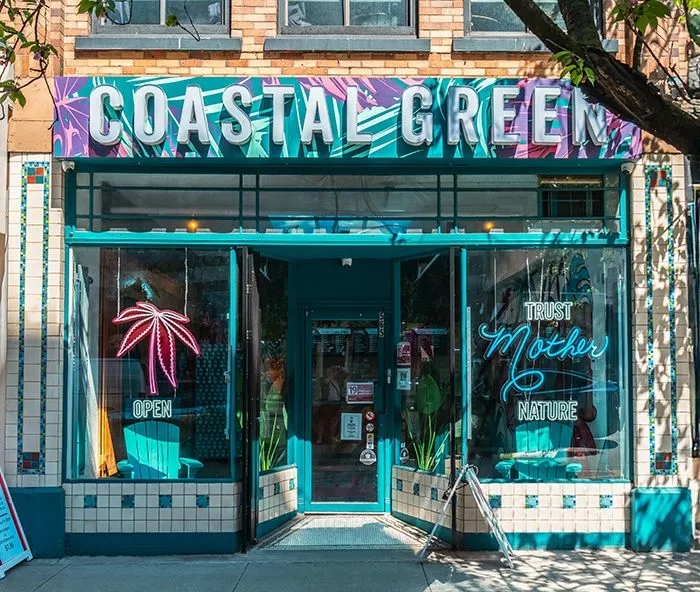 Coastal Green cannabis dispensary exterior on Dunsmuir Street in Downtown Vancouver